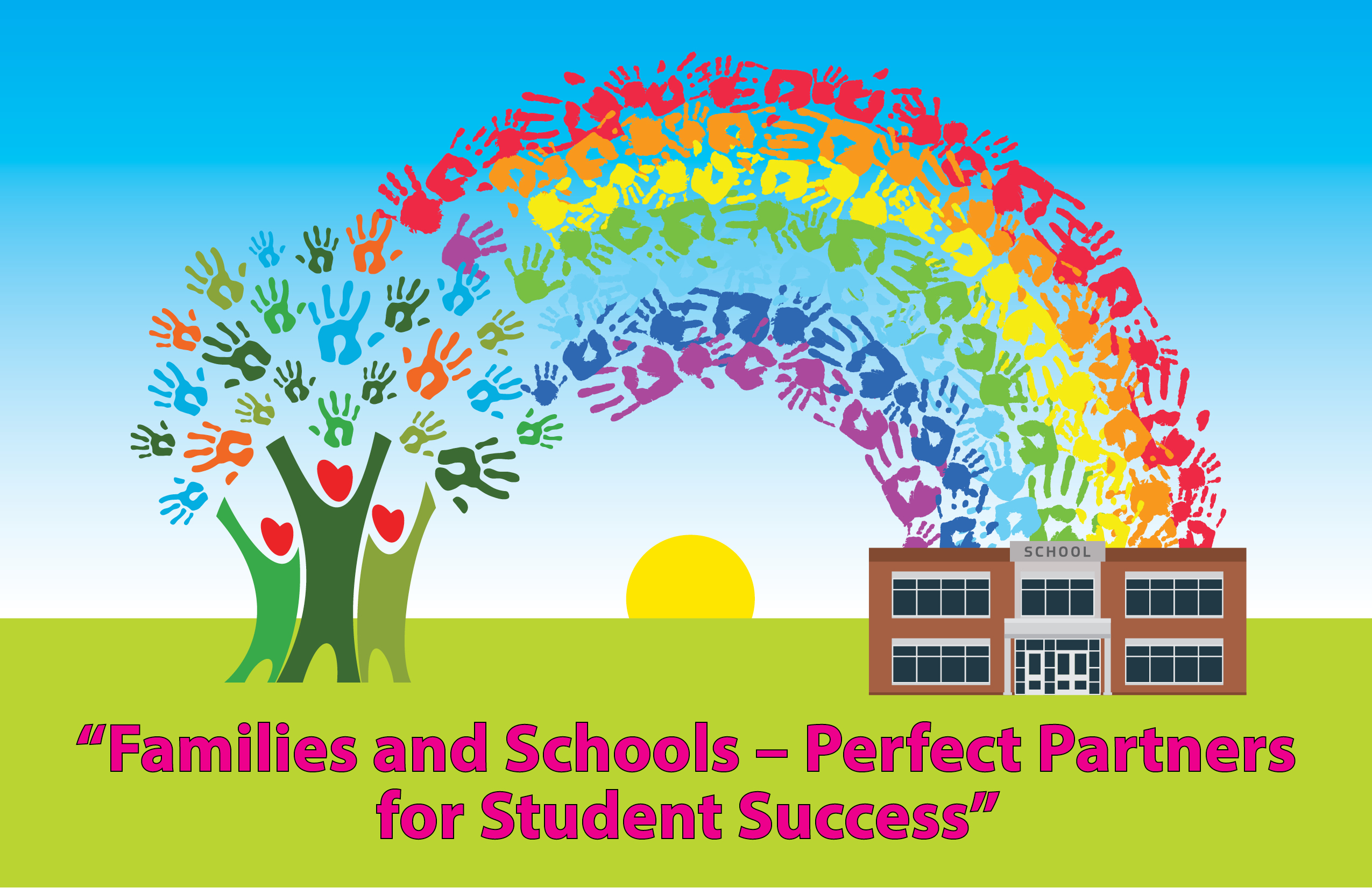 rainbow hands and tree as rainbow over a school. Written words, "families and schools perfect partners for students success.