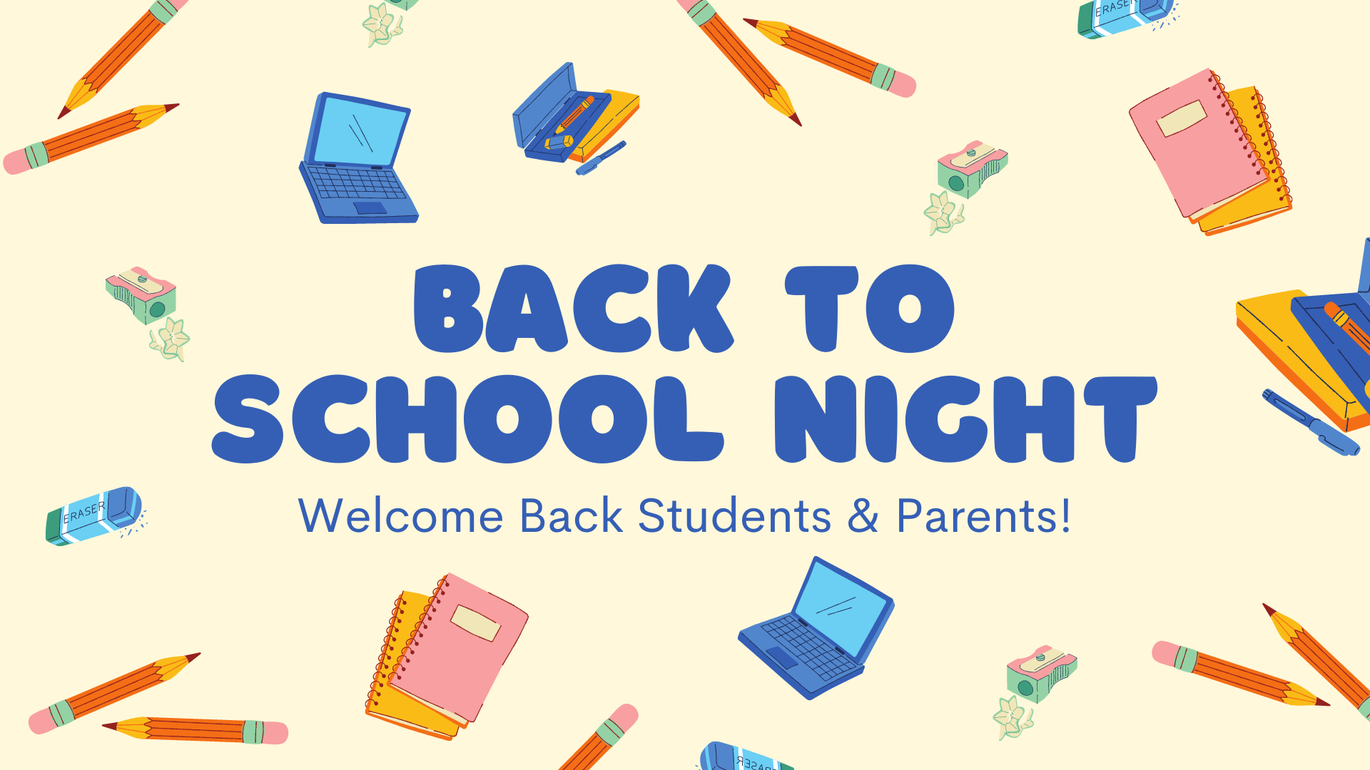 Back to school night; pencil, book, laptop