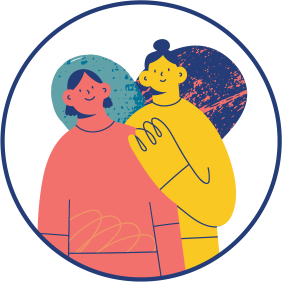 Contact a Counselor; two drawing people in a heart shape background.