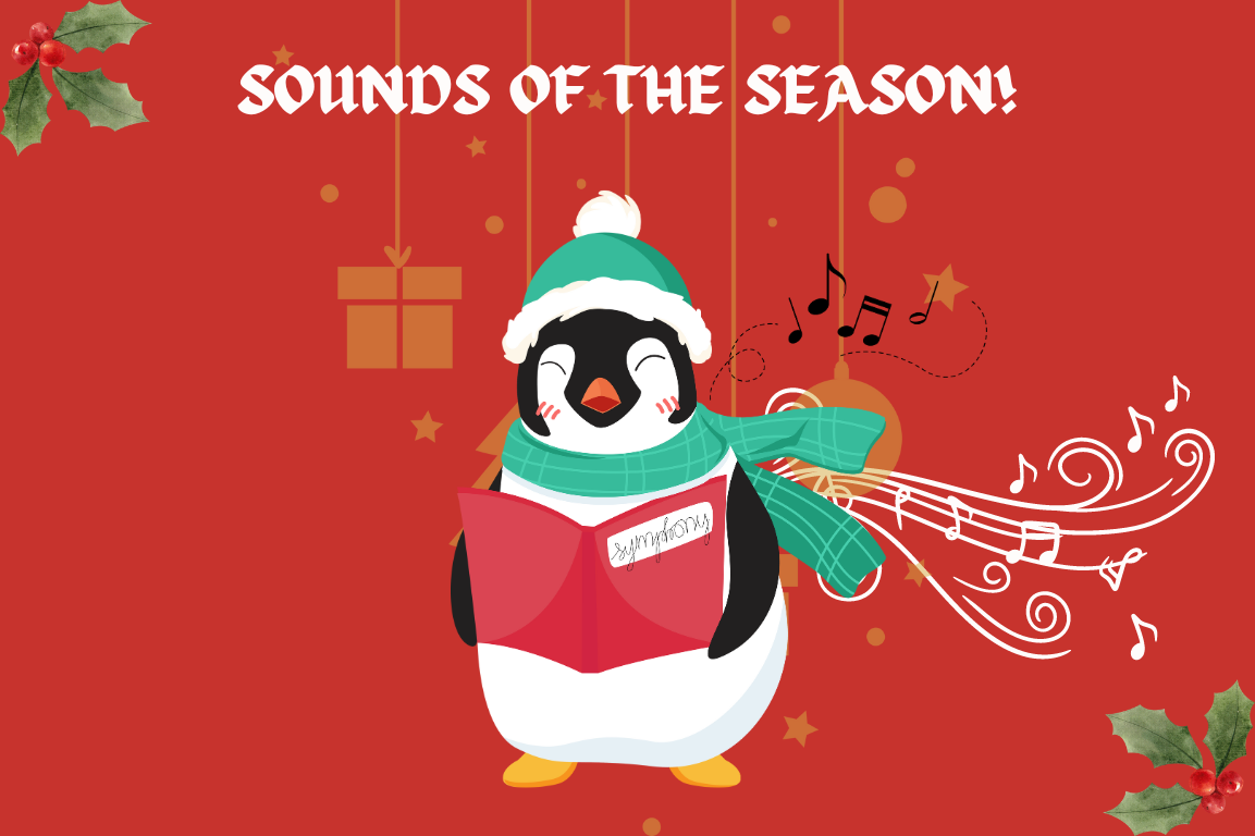 Sounds of the season; penguin reading book; Christmas background.