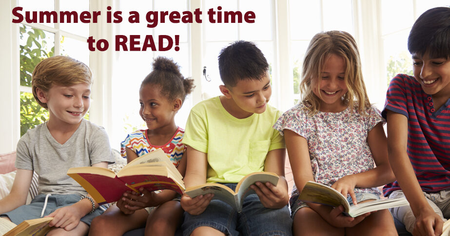 Summer is a great time to read; children hold book and read together.