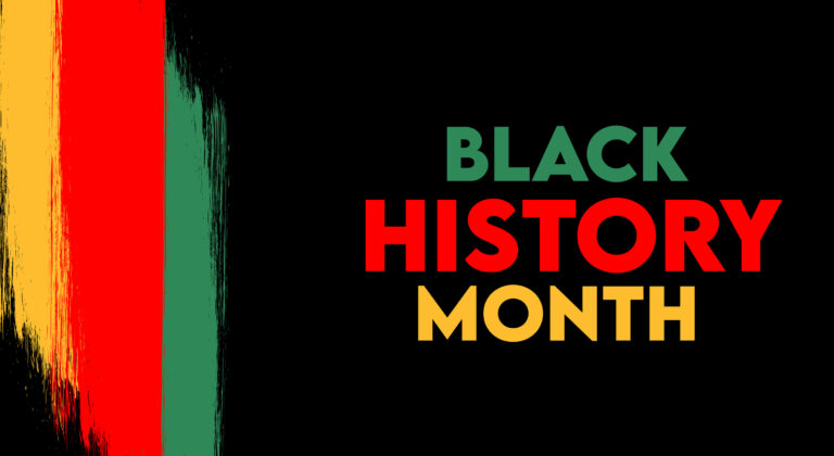 Black History Month; black background with yellow, red and green strikes.