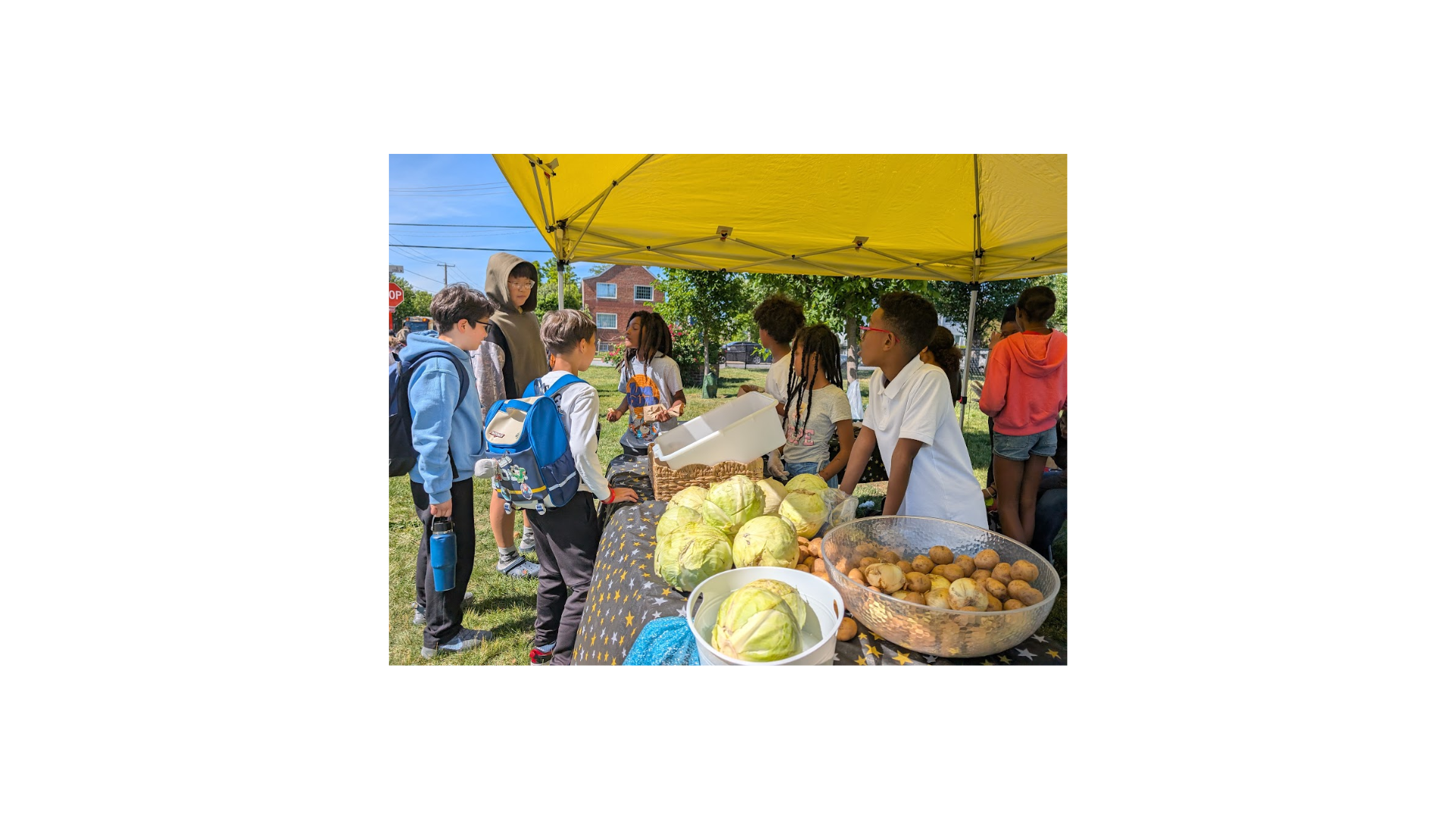 Monday share table at Hoffman-Boston; volunteers and students standing around bagels and produce tables selecting items.